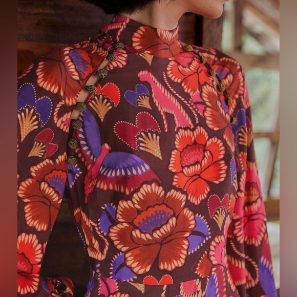 Farm Rio Brown Bright Flora Long Sleeve Mini Dress NWT Size XS - Picture 3 of 7